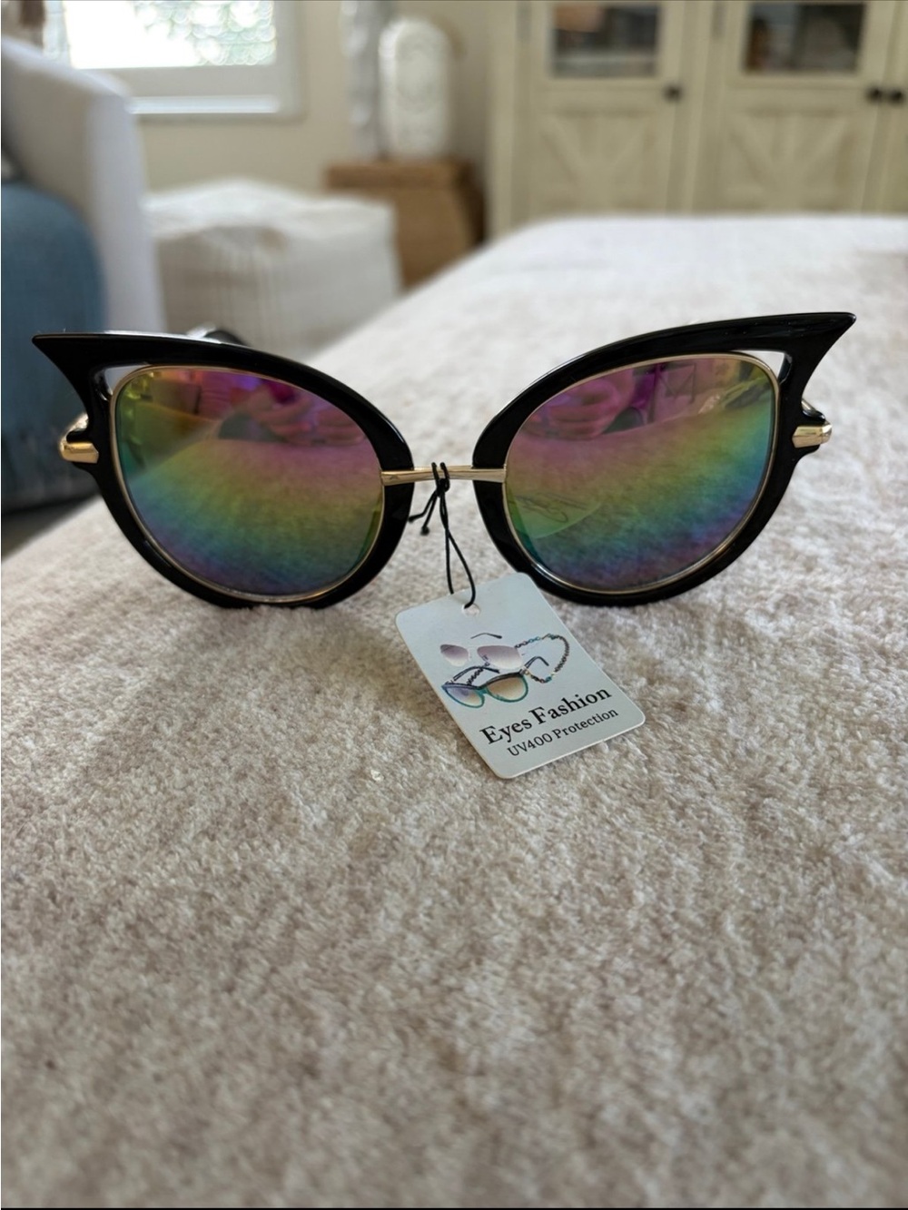 Black Cat Eye Sunglasses Rainbow Lens UV400 Protection New